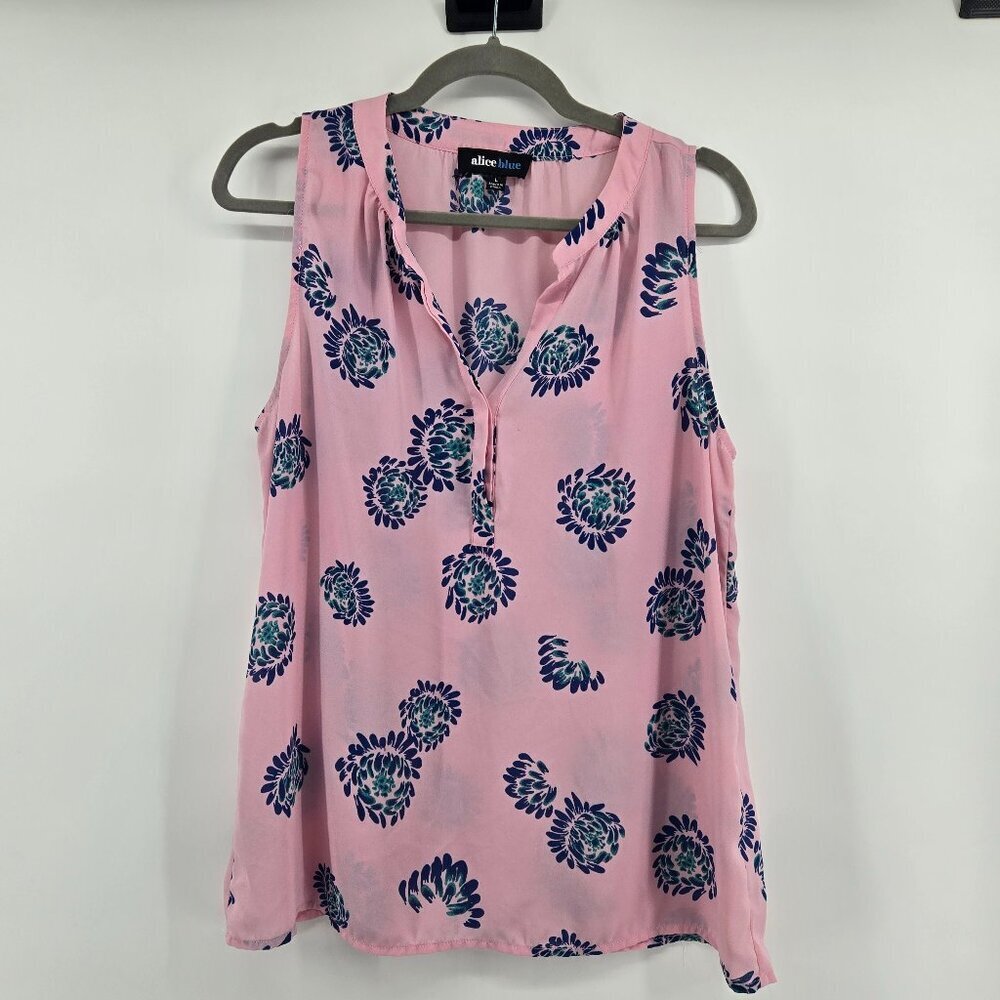 Alice Blue Floral Sleeveless Split Neck Blouse - L Pink/Blue